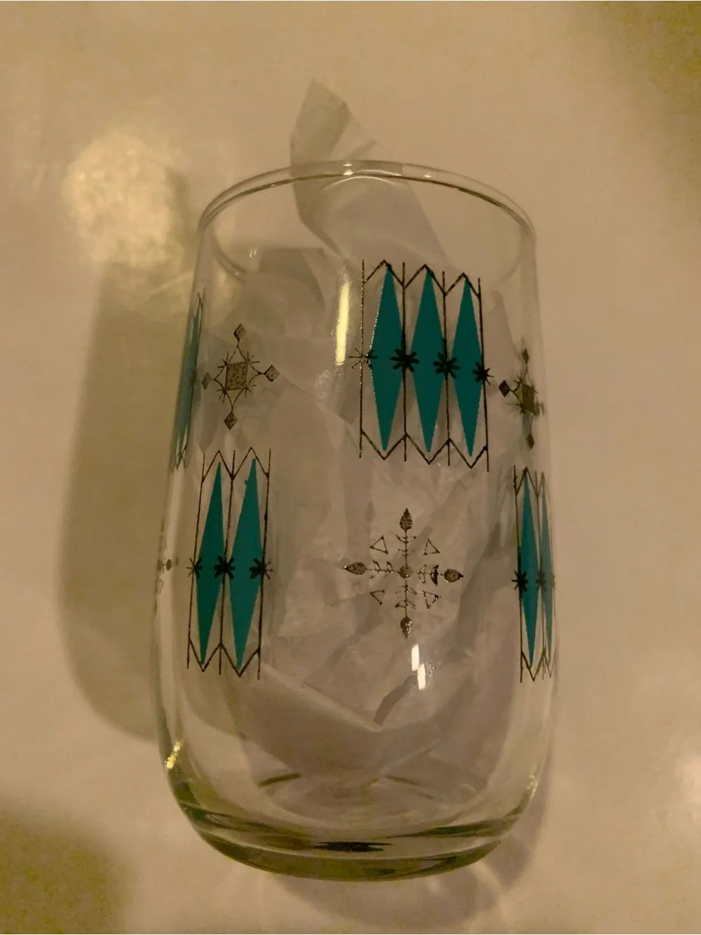 Vintage Mid-Century Modern Atomic Teal & Black Geometric Juice Glasses Set Of 4